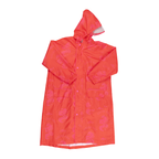 A bright orange-red hooded raincoat with a pink fox pattern, laid flat against a white background.